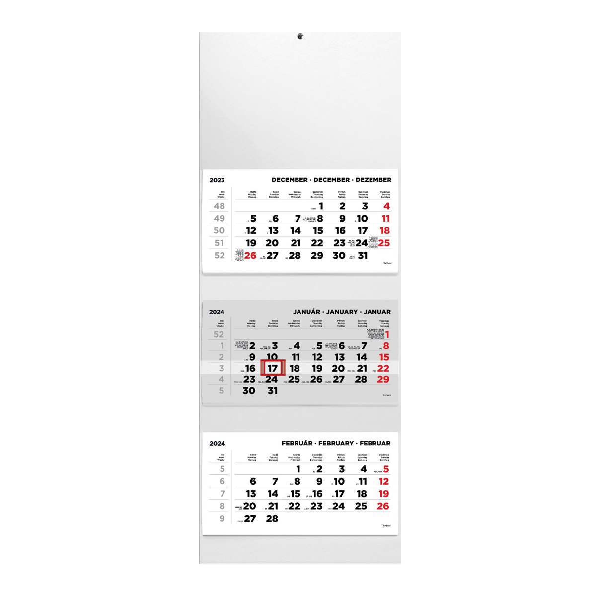 T070, 3 tömbből álló 3 havi speditőr naptár - Üres, nyomtatható fejrésszel