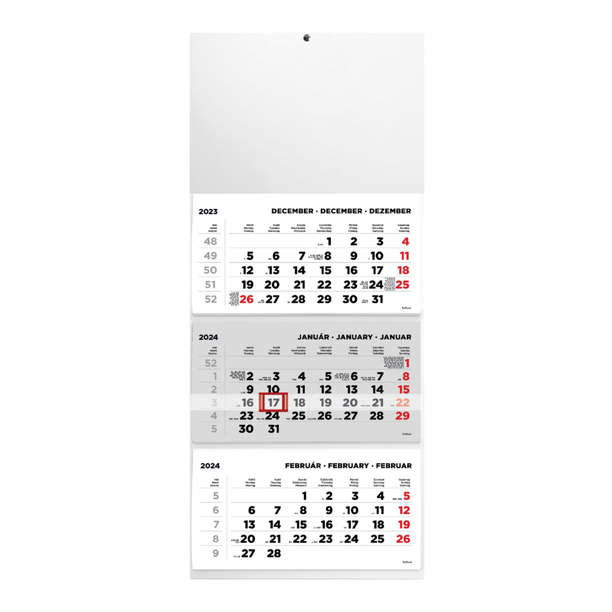 T074, 3 tömbből álló 3 havi speditőr naptár - Üres, nyomtatható fejrésszel