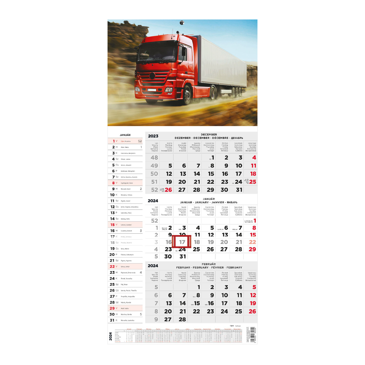 T077, 1 tömbből álló 3 havi speditőr naptár - Kamion fejrésszel