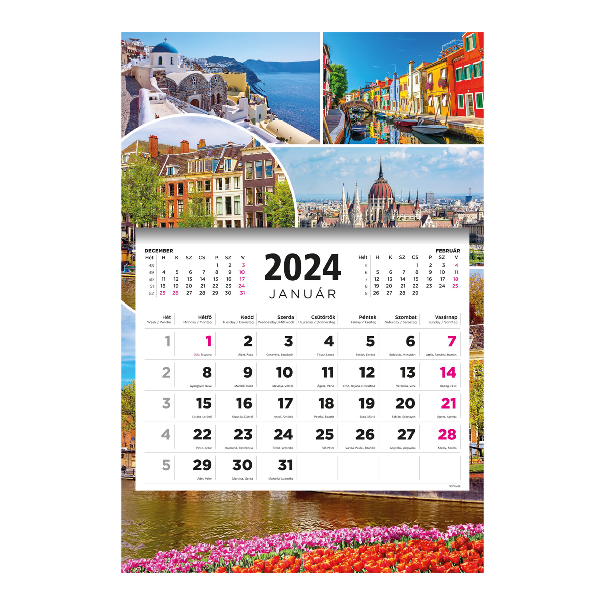 T081, 1 tömbből álló 3 havi speditőr naptár színes hátkartonnal - Városok fejrésszel