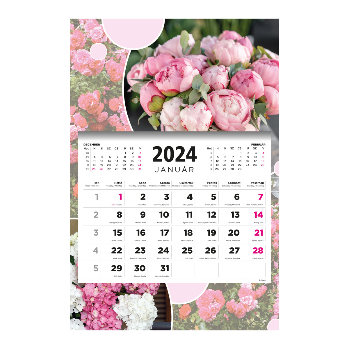 T081, 1 tömbből álló 3 havi speditőr naptár színes hátkartonnal - Virágok fejrésszel